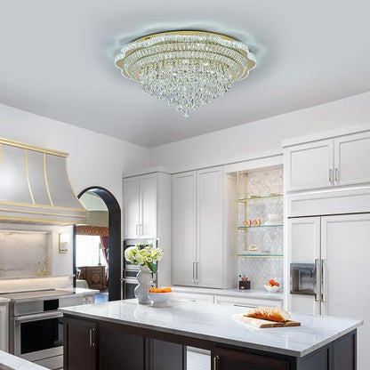 40" Gold Crystal LED Ceiling Light Fixture with Remote Control,Large Flush Mount Chandelier with 3-Color Dimmable for Living Room Bedroom Dining Room
