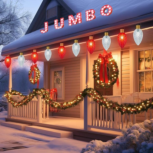 Brightown Super Jumbo C9 Christmas Pathway Lights Outdoor - 2 Pack Total 22FT 10 LED Strawberry Jumbo C9 Pathway Light, Giant Christmas Lights Outdoor Decorations for Lawn Outside, Red & Pure White