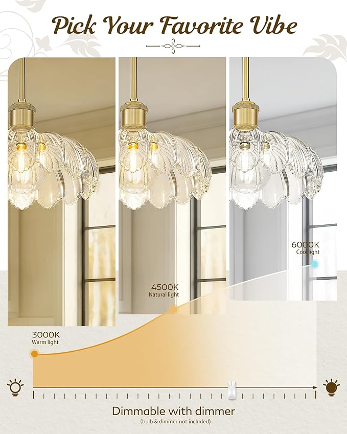 FEMILA 2 Pack Vintage Light Fixtures, Flower Glass Pendant Lights Kitchen Island, Brushed Gold Antique Chandelier, Hanging Light Fixture for Bedroom Hotel Living Room, 4FJX82MIL-2PK BG