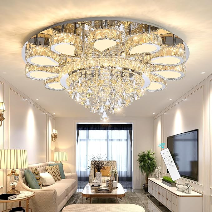 HAIXIANG Chandelier for Living Room Dining Room Modern LED Light Chandeliers Fixtures Remote Dimmbale Lighting Silver Crystal Lights