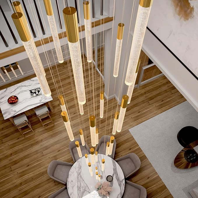 D28inxH177in Long Crystal Column Chandelier Extra Large Staircase Chandelier for High Ceiling Gold 30-Lights Dimmable LED Pendant Lighting Foyer Entryway Light Source is Replaceable