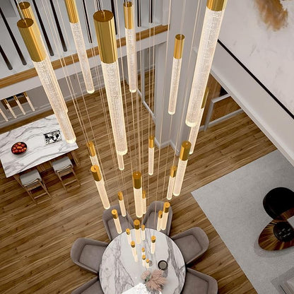 D28inxH177in Long Crystal Column Chandelier Extra Large Staircase Chandelier for High Ceiling Gold 30-Lights Dimmable LED Pendant Lighting Foyer Entryway Light Source is Replaceable
