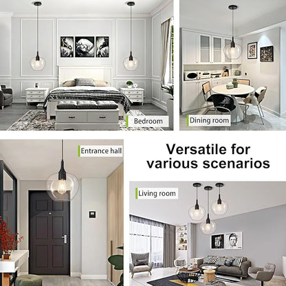 Glass Pendant Lights Kitchen Island, 9.45'' Matte Black Pendant Lighting Fixtures, Modern Hanging Ceiling Light with Clear Glass Shade for Farmhouse Dining Room Bedroom Hallway(1 Pack)