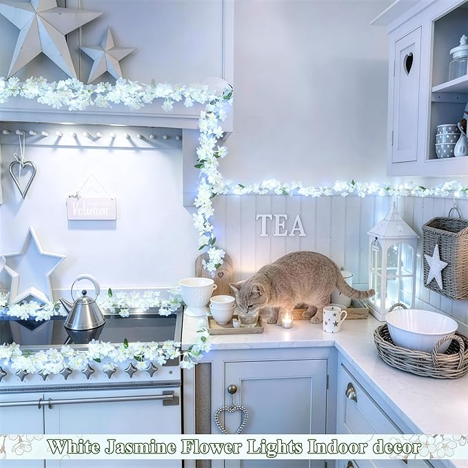 JMEXSUSS 48 LED White Flower Lights, Battery Artificial Flower Garland with Lights, 15.75 FT Climbing Weeping Jasmine Fairy Light with Flower Vines Garland for Spring Wedding Bedroom Decor(Cool White)
