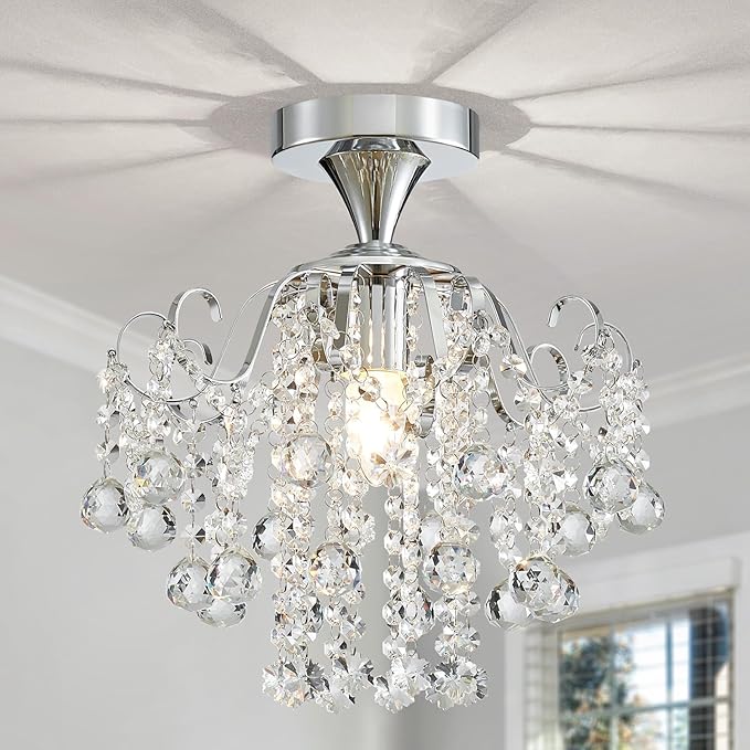 WUZUPS Crystal Chandelier Flushmount Ceiling Light Modern Lighting Fixture for Bedroom Hallway Bar Kitchen Bathroom, H 13.4" x W 12.6", E26 Base, Chrome