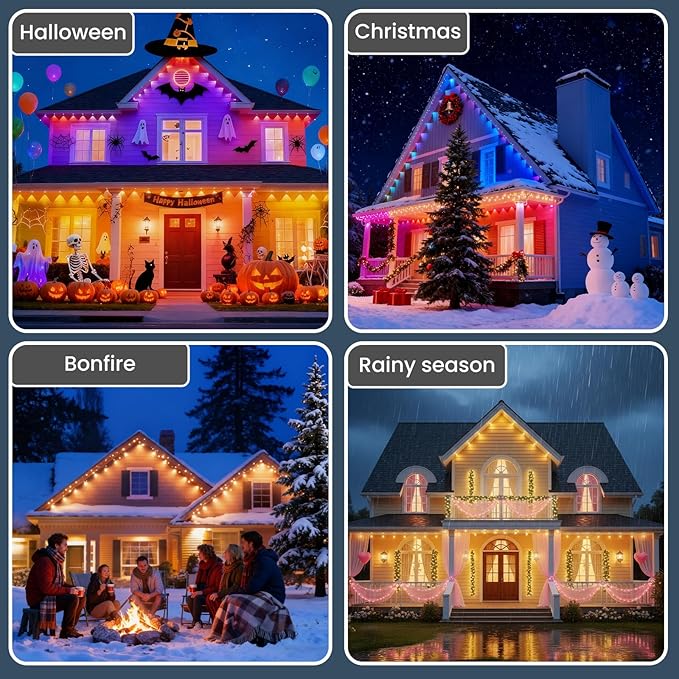Permanent Outdoor Lights 100ft 60 LED RGBIC, APP Control with Remote, Music Sync DIY DreamColor, Timing Warm Cool White, IP65 Waterproof for Halloween Christmas House Eave Decorations