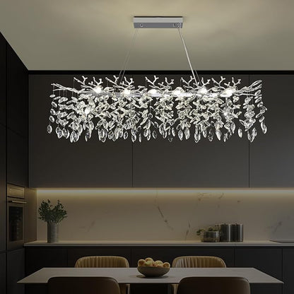 Modern Rectangle Crystal Tree Branch Chandelier, L47.3'' Large Silver Linear Raindrop Indoor Hanging Pendant Light Fixture for Kitchen Island Foyer Living Room Dining Room 14 Lights