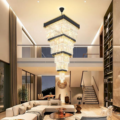 W32in x H94.5in Large Black Gold Crystal Chandelier,Square Crystal Raindrop Chandelier High Ceiling Pendant Light for Entrance Villa Foyer Ceiling Lighting Fixtures