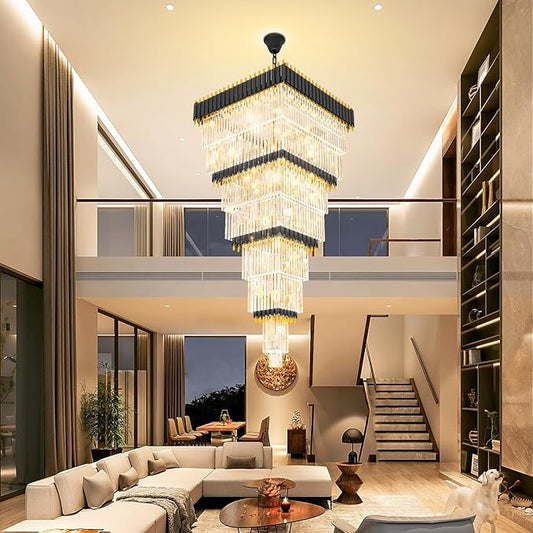 W32in x H94.5in Large Black Gold Crystal Chandelier,Square Crystal Raindrop Chandelier High Ceiling Pendant Light for Entrance Villa Foyer Ceiling Lighting Fixtures