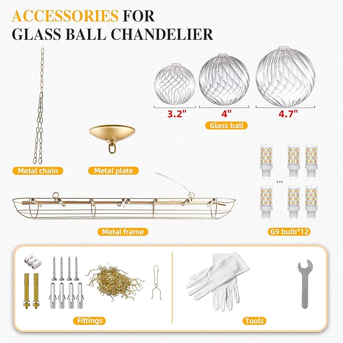 Longree Nordic Bubble Ball Swirled Glass Chandelier, 62 inch Long Rectangular Chandeliers Island Light Fixture for Dining Table Living Room