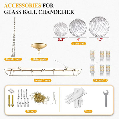 Longree Nordic Bubble Ball Swirled Glass Chandelier, 62 inch Long Rectangular Chandeliers Island Light Fixture for Dining Table Living Room