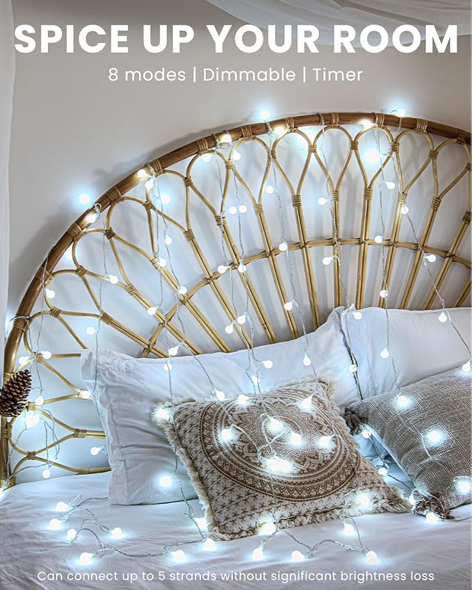 JOLYMOLY Globe String Lights 59 Ft 100 LED Fairy Lights Plug in with Remote Timer, Connectable Small Frosted Globe Christmas Lights for Bedroom Wedding Xmas Tree Indoor Outdoor Decor, Cool White