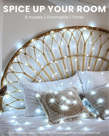 JOLYMOLY Globe String Lights 59 Ft 100 LED Fairy Lights Plug in with Remote Timer, Connectable Small Frosted Globe Christmas Lights for Bedroom Wedding Xmas Tree Indoor Outdoor Decor, Cool White