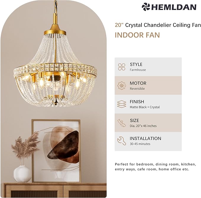 20 inch Chandelier Fan, Luxury Crystal Ceiling Fan with Lights, Remote/APP Controlled, 7 Blades Invisible Fan for Bedoom, Dining Room, (Gold, 20" Luxurious Style)