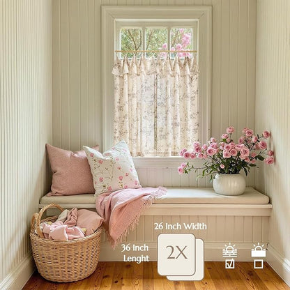 jinchan Floral Linen Kitchen Curtains with Attached Valance 36 Inch Length Farmhouse Cafe Tier Curtains for Living Room Bathroom Rustic Half Window Light Filtering Small Drapes 2 Panels Taupe