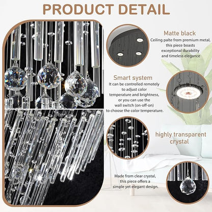 Flashing God D59''X H120'' Extra Large Chandelier for High Ceilings Crystal Raindrop Chandeliers Large Chandelier for Villa Entrance Foyer LED Dimmable Black Large Light Fixture