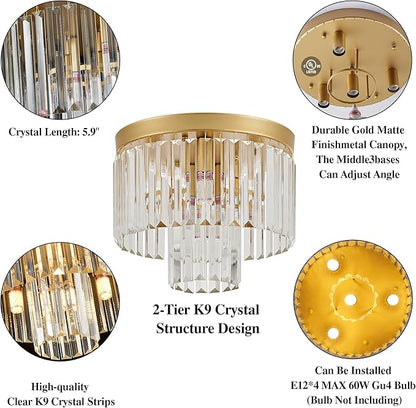 12.6" Gold Crystal Modern Crystal Ceiling Light Fixture, 2-Tier Luxury K9 Crystal, for Dining Room, Kitchen, Island, Living Room, Bedroom