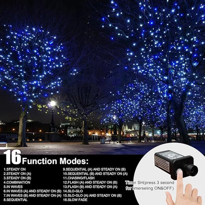 LAMPHOME 165FT 500 LED Blue White String Lights, 16 Modes Plug in Mini Fairy Lights, Waterproof Outdoor Christmas Lights for Hanukkah Xmas Tree Garland Bedroom Ocean Party July 4th Patriotic Decor