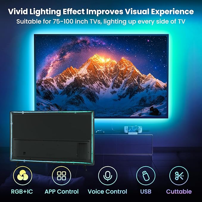 26.25ft LED Lights for 75-100 Inch TV, RGB+IC TV Lights Backlight Strip Behind, with 44 Scene Modes, Bluetooth APP and Voice Control, Music Sync Smart Ambient Lighting for Gaming, Bedroom, Living Room