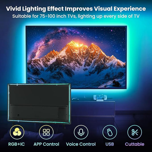26.25ft LED Lights for 75-100 Inch TV, RGB+IC TV Lights Backlight Strip Behind, with 44 Scene Modes, Bluetooth APP and Voice Control, Music Sync Smart Ambient Lighting for Gaming, Bedroom, Living Room
