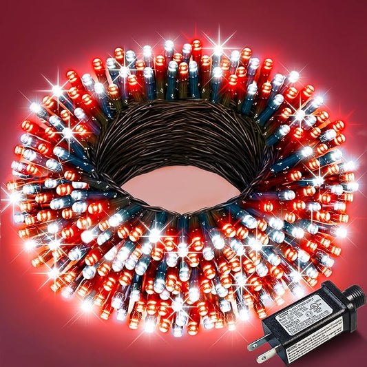 Red and White Christmas Lights, 66FT 200 LED Outdoor String Lights Waterproof with 8 Modes, Connectable Plug in Fairy Light Green Wire for Outside Indoor Patio Garden Xmas Party Holiday Decorations