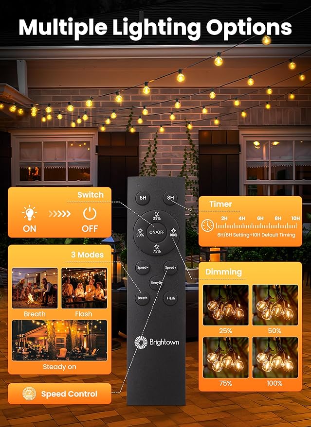 Brightown 158FT 77LED Solar String Lights Outdoor with Remote & USB Port, Shatterproof Bulbs, Dimmable & Timable, 3 Modes, Patio Lights Solar Powered with Mount Clips for Camping Backyard Garden Decor