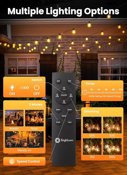 Brightown 58FT 26LED Solar String Lights Outdoor with Remote & USB Port, Shatterproof Bulbs, Dimmable & Timable, 3 Modes, Patio Lights Solar Powered with Mount Clips for Camping Backyard Garden Decor