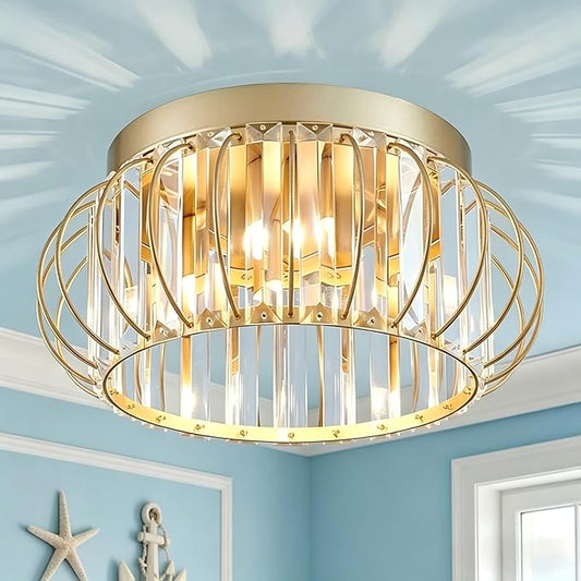 3-Light Modern Crystal Chandelier Gold Flush Mount Ceiling Light Fixtures for Hallway Foyer Bedroom Kitchen Dining Room Living Room, Metal Indoor ‎Close to Ceiling Lamp