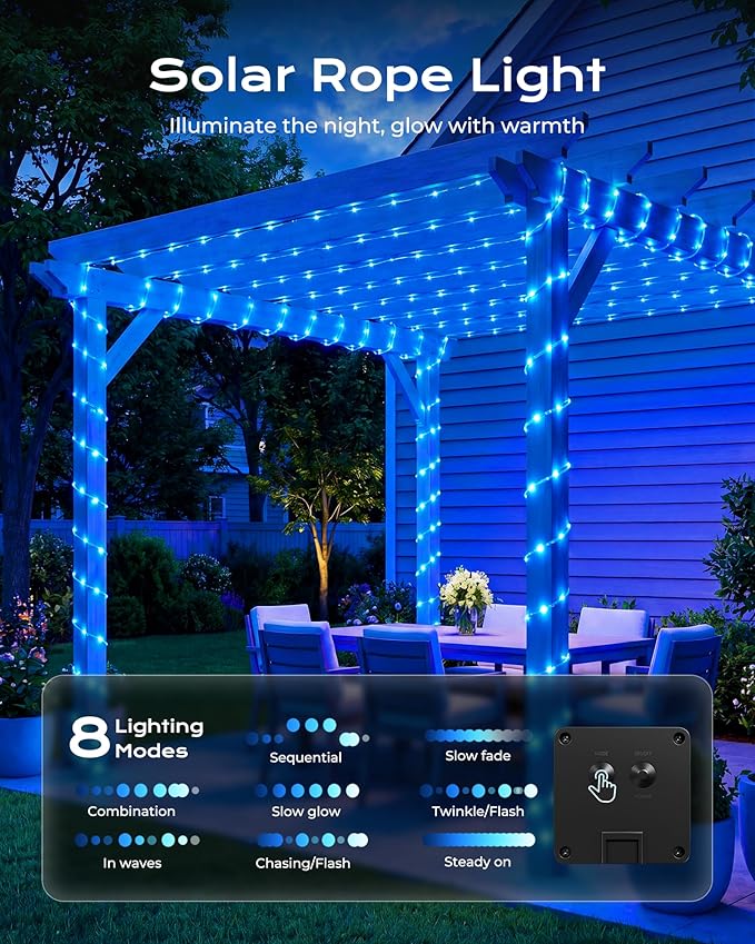 Brightown 2 Pack Solar Rope Lights, Total 78FT 200LED Blue Solar String Lights Outdoor, IP65 Waterproof Solar Powered Fairy Lights with 8 Lighting Modes for Yard Garden Patio Tree Decoration