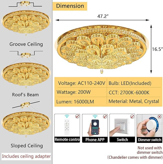 47'' Modern Crystal Chandeliers for Living Room Large Chandelier Ceiling Light Fixture LED Dimmable with Remote Flush Mount Lighting for Dining Room Bedroom Gold