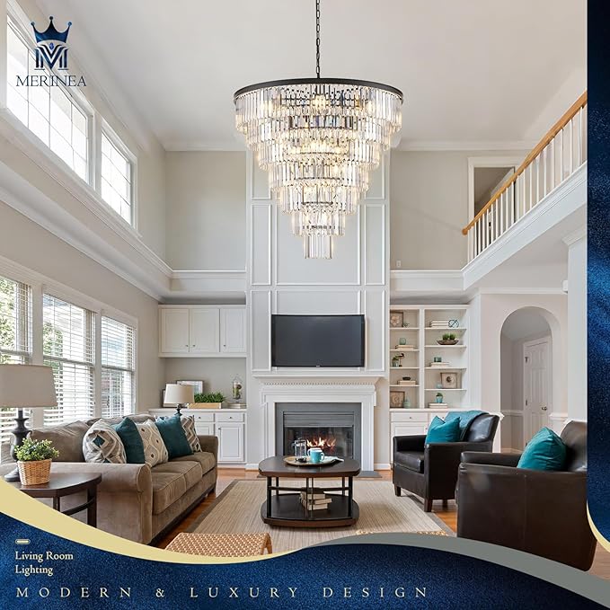 Large Black Crystal Chandelier 36" Round Chandeliers for Staircase Modern 22 Lights 7-Tier Luxury K9 Crystal Ceiling Pendant Lighting Fixture for High Ceiling Living Room Foyer
