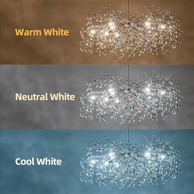 Modern Tree Branch Crystal Chandelier 40" Sliver Luxury Large Pendant Lighting 15-Light Contemporary K9 Crystal Chandeliers for Dining Room Kitchen Living Room Foyer Entryway (Sliver, D40"-Round)