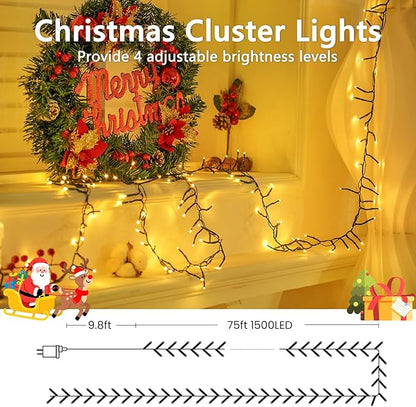 BHCLIGHT 75FT 1500 LED Cluster Christmas Lights, Christmas Tree Lights Outdoor 8 Modes with Timer & Remote, Firecrackers String Lights Waterproof for Garland Party Xmas Decorations, Warm White