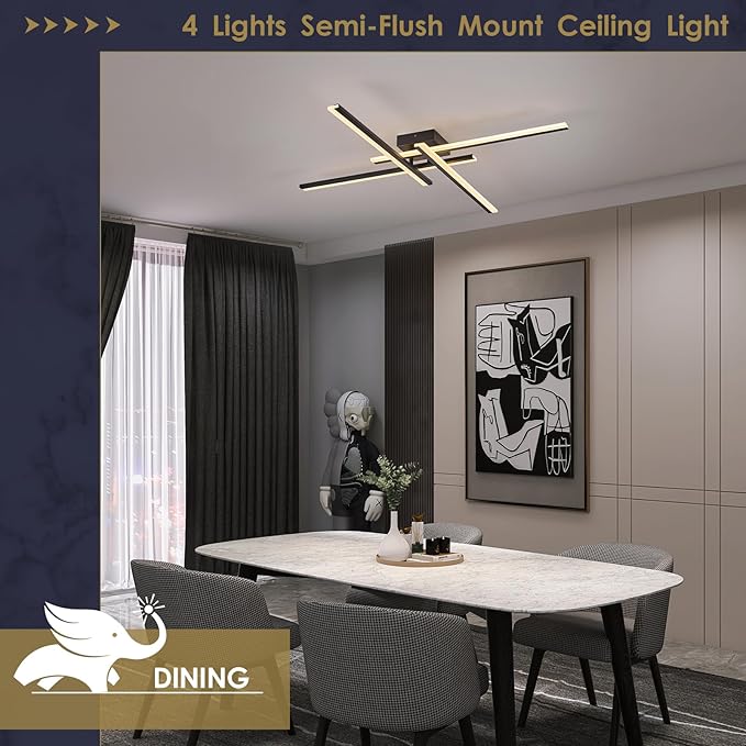 Modern Led Chandelier 4-Lights Semi-Flush Mount Ceiling Lighting Fixture 35.4” Dimmable Remote Control Ceiling Light for Living Room Bedroom Kitchen Foyer 40W