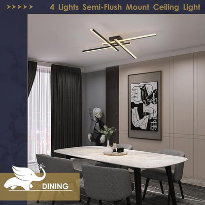Modern Led Chandelier 4-Lights Semi-Flush Mount Ceiling Lighting Fixture 35.4” Dimmable Remote Control Ceiling Light for Living Room Bedroom Kitchen Foyer 40W