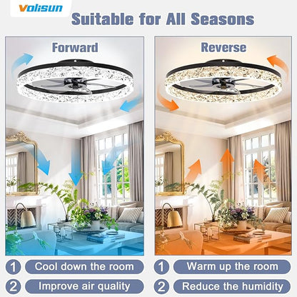 VOLISUN Fandelier Ceiling Fans with Light, 23.6in Low Profile Ceiling Fan with Light and Remote, 3000K-6500K Dimmable Bladeless Ceiling Fan Flush Mount, Black Modern Ceiling Fan with Light for Bedroom
