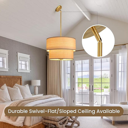 RUIYEY Rattan Chandelier Light Fixtures: 17 inch Boho Pendant Lights with Wicker Lampshade, E12 5 Lights Height Adjustable Hand Woven Hanging Drum Chandeliers for Dining Room Kitchen Living Room