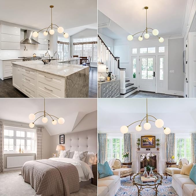 Gold Modern Chandelier 5-Light Glass Globe Ceiling Light Fixtures Mid Century Modern Sputnik Chandelier for Dining Room Kitchen Island Bedroom Living Room 41.3IN Diameter