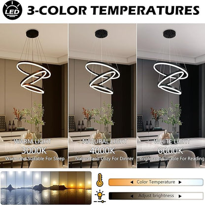 Modern Led Chandelier 3 Rings Black Pendant Lights Dimmable Chandeliers Color Temperature Height Adjustable Black Chandelier Led Pendant Light for Living Room Dining Room Bedroom Entryway
