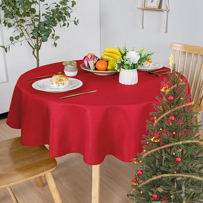 Hiasan Round Textured Tablecloth 50 Inch - Waterproof Spillproof Antiwrinkle Jacquard Table Cloth, Decorative Polyester Table Cover for Kitchen, Outdoor Picnic, Holiday and Parties, Red