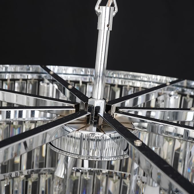 39'' Modern Crystal Chandelier, Chrome Round Ceiling Light with Clear Prisms, Luxury Flush Mount Lighting Fixture for Dining Room Bedroom Foyer