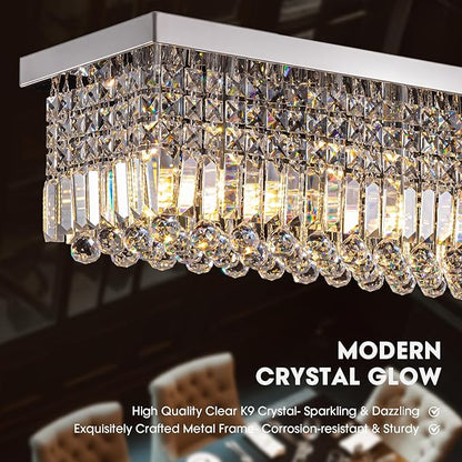 Large Modern Crystal Chandeliers for Dining Room Light Fixture, 13-Light Rectangle Chandelier Ceiling Light for Kitchen Island Living Room, L59 Inch, Chrome Finish