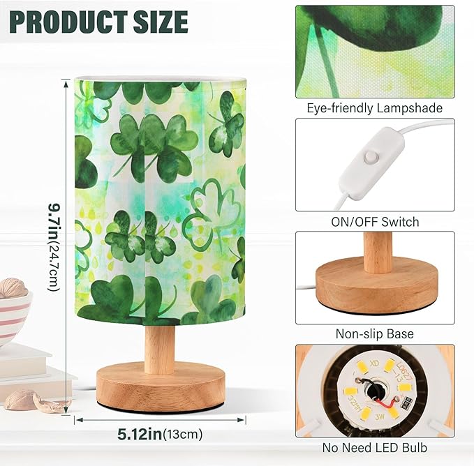 Clover Irish Shamrock on Patchwork St Patricks Day Table Lamp with Wood Base Fabric Lamp Shade Bedside Nightstand Desk Lamp for Living Room Bedroom Kids Room Office