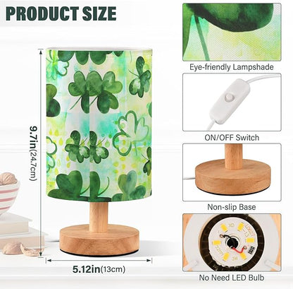 Clover Irish Shamrock on Patchwork St Patricks Day Table Lamp with Wood Base Fabric Lamp Shade Bedside Nightstand Desk Lamp for Living Room Bedroom Kids Room Office
