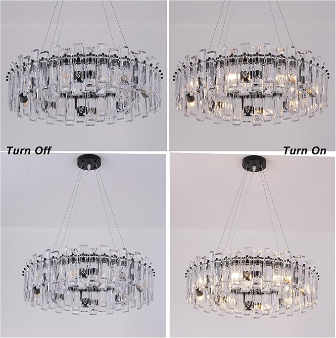 Luxury K9 Crystal Chandelier Modern Round Easy Install Ceiling Hanging Pendant Light Fixture for Dining Living Room Kitchen Island Entryway Foyer D23.6 Black 8-Lights