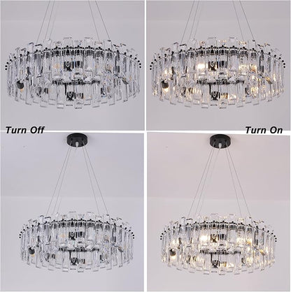 Luxury K9 Crystal Chandelier Modern Round Easy Install Ceiling Hanging Pendant Light Fixture for Dining Living Room Kitchen Island Entryway Foyer D23.6 Black 8-Lights