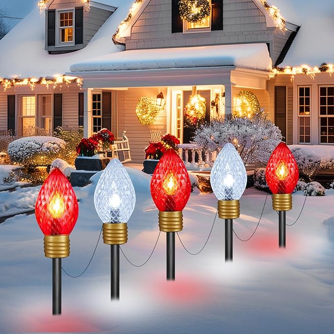 Strawberry Jumbo C9 Christmas Pathway Lights Outdoor - 8.5FT 5 LED C9 Walkway Light, Christma Decoration Outside, Christmas Lights Outdoor for Lawn Holiday Yard, Red & Pure White