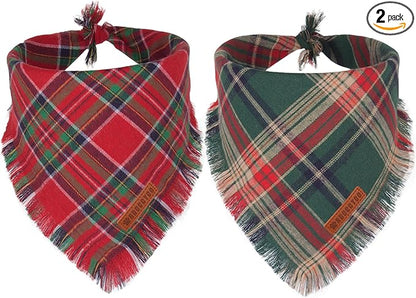 ADOGGYGO Christmas Dog Bandanas with Tassels Edges, Stylish Plaid Dog Christmas Scarf Bib, Multiple Sizes Offered, Plaid Bandanas for Medium Large Dogs (Large)