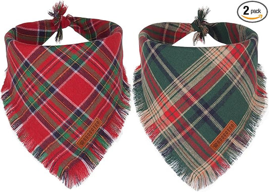 ADOGGYGO Christmas Dog Bandanas with Tassels Edges, Stylish Plaid Dog Christmas Scarf Bib, Multiple Sizes Offered, Plaid Bandanas for Medium Large Dogs (Large)