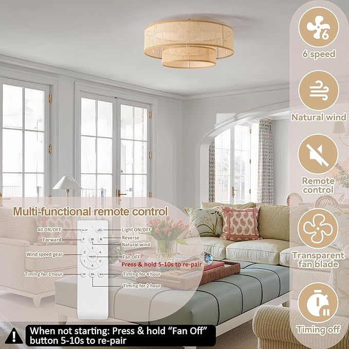 20'' Caged Ceiling Fans with Lights, Boho Flush Mount Ceiling Fan with Light, Rattan Bladeless with 6 Speeds, Low Profile Remote Control for Bedroom,Dining Room
